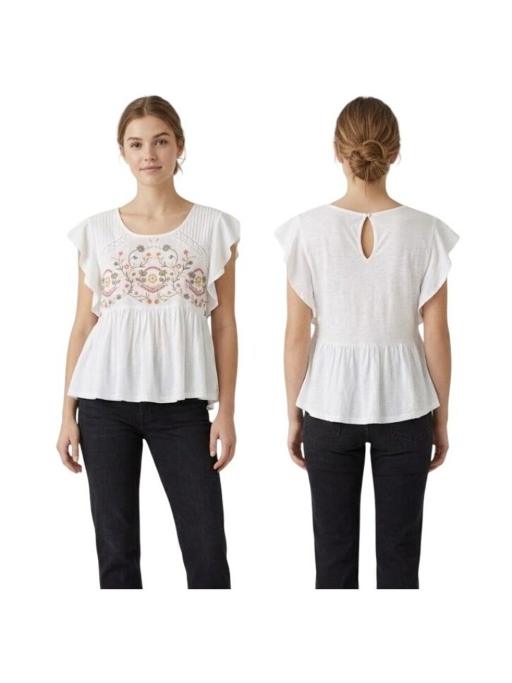 LUCKY BRAND Sz S White Floral Embroidered Flutter Sleeve Babydoll Top Blouse New